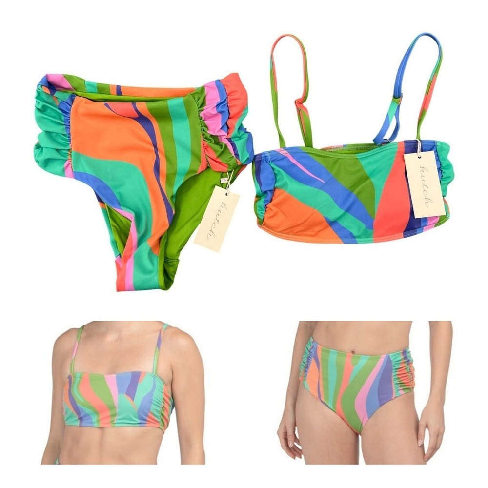 Hutch‎ Bikini Trendy Colorful Swimsuit Set Size XXS Retro Swirl Ruffle 9B011 NEW